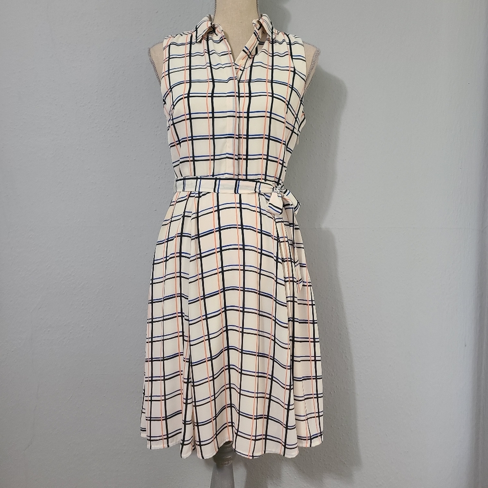 Banana Republic White‎ Sleeveless Plaid Tie Waist Summer Dress NWT Size 4